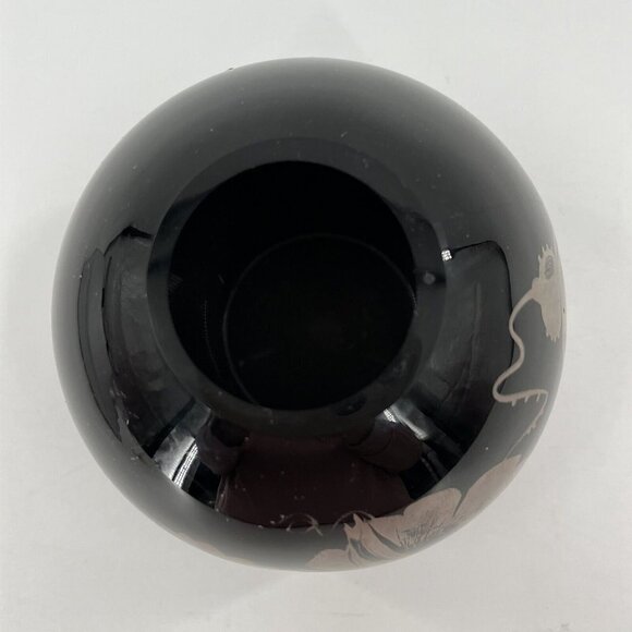 Fenton Black Ebony Amethyst Bowl Vase HP Silver Floral Poppies Signed Vintage - Picture 6 of 11